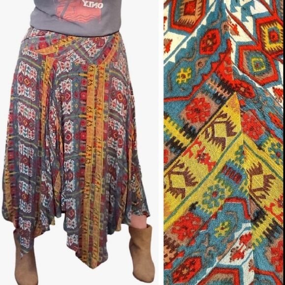 Y2K Colorful Printed Pull On Fairycore Boho Grunge Handkerchief Skirt Large - Picture 1 of 16